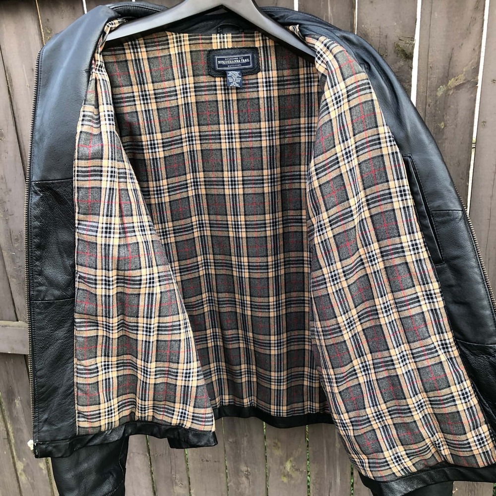 Susquehanna Trail Leather Jacket Mens XXL Black Tartan Plaid Lined Bomber Grunge - Picture 3 of 14